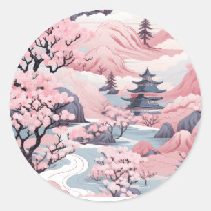 Redonda Pegatina japonés rosa y gris