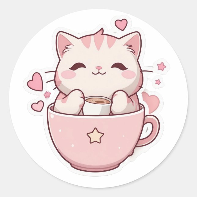 Redonda pegatina kawaii de gato rosa pastel (Anverso)