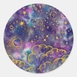 Redonda Pegatina "Luna y Estrellas" (Gold-Etc)
