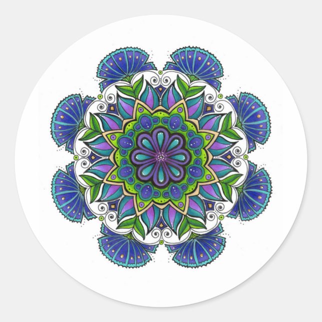 Redonda Pegatina Mandala de la Flor Púrpura (Anverso)