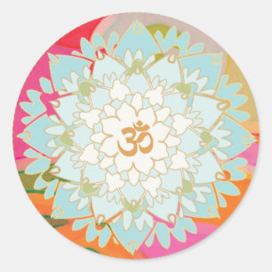 Redonda Pegatina Mandala de Lotus Flower y Om Symbol