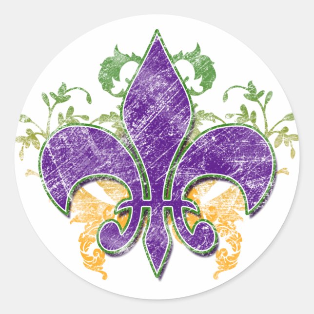 Redonda Pegatina Mardi Gras Fleur-de-Lis Grunge (Anverso)