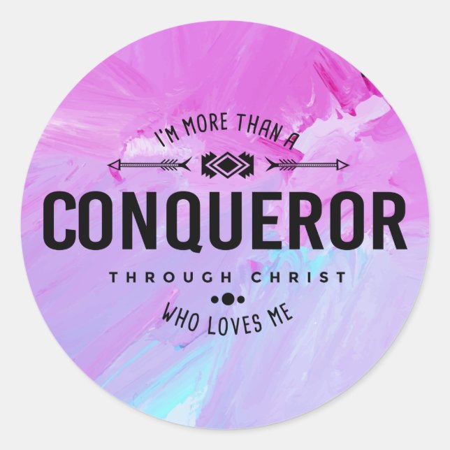 Redonda pegatina "Más Que Un Conquistador" (Anverso)