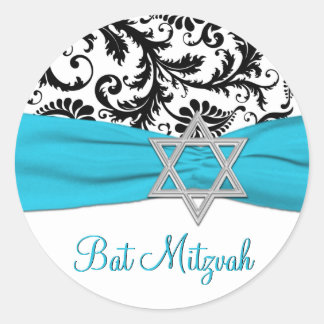 Redonda Pegatina Mitzvah de Bat Damask azul, blanco y negr