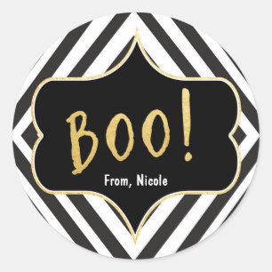 Redonda Pegatina moderna chic de Halloween Gold BOO negra