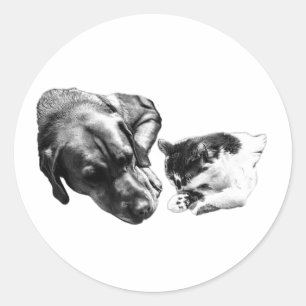 Redonda Pegatina Monocromo de perros y gatos juntos