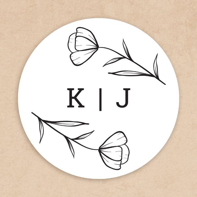 Redonda Pegatina Monograma Boda de flores silvestres (Wildflower Monogram Sticker by Fiesta Valley Print)