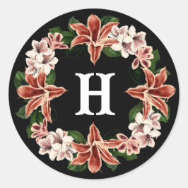 Redonda Pegatina monograma oscuro y moro negro botánico