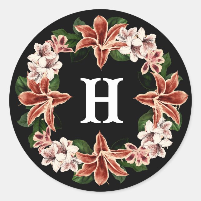Redonda Pegatina monograma oscuro y moro negro botánico (Anverso)