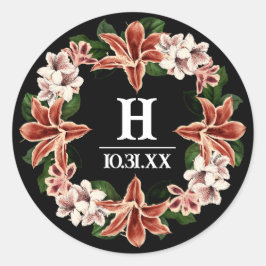 Redonda Pegatina monograma oscuro y moro negro botánico