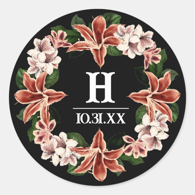 Redonda Pegatina monograma oscuro y moro negro botánico (Anverso)