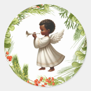 Redonda Pegatina navideña del ángel norteamericano african