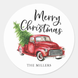 Redonda Pegatina navideña del camión rojo