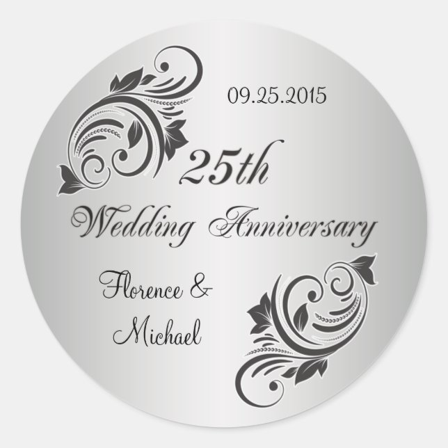 Redonda Pegatina negro plateado con flores y negras (Anverso)