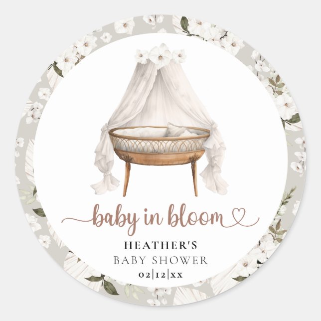 Redonda Pegatina para Baby Shower Boho Floral Baby in Bloo (Anverso)