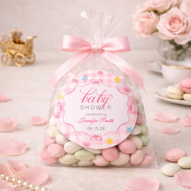 Redonda Pegatina para baby shower con lazo floral de gingh (Subido por el creador)