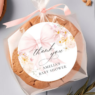 Redonda Pegatina para baby shower de lazo rosa Baby In Blo