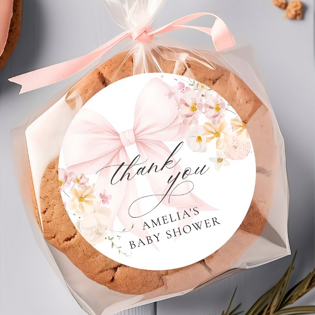 Redonda Pegatina para baby shower de lazo rosa Baby In Blo (Subido por el creador)