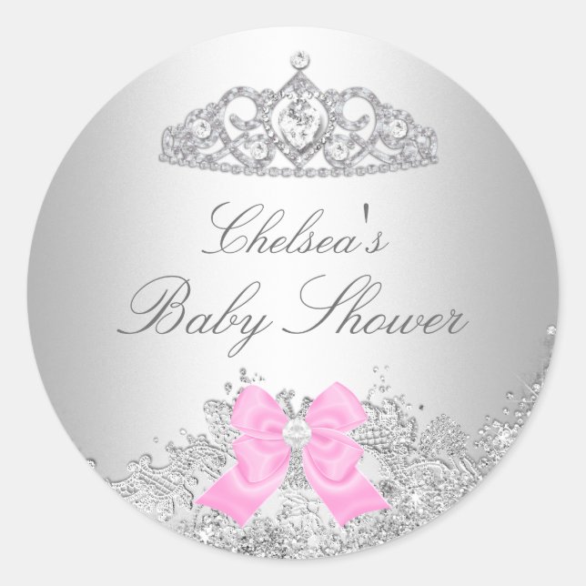 Redonda Pegatina para Baby Shower de Silver Diamond & Tiar (Anverso)