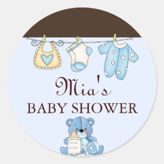 Redonda Pegatina para baby shower de tendedero azul