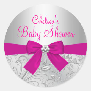 Redonda Pegatina para baby shower Silver Swirl & Bow
