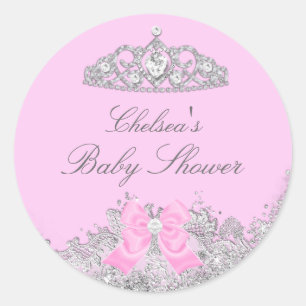 Redonda Pegatina para baby shower Tiara Rosa y Lazo
