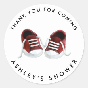 Redonda Pegatina para Baby Shower Zapatillas Rojas de Bebé