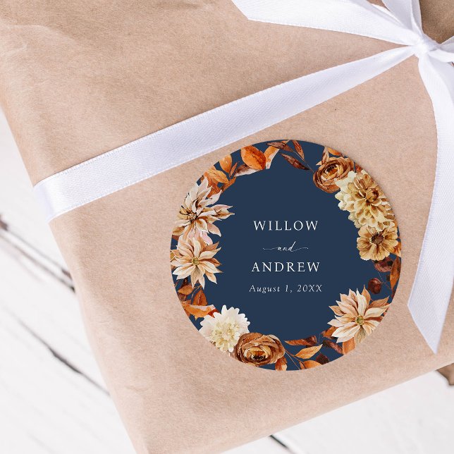 Redonda Pegatina para boda de otoño azul marino (Navy Blue Fall Floral Wedding Sticker by Painted Paperie
)
