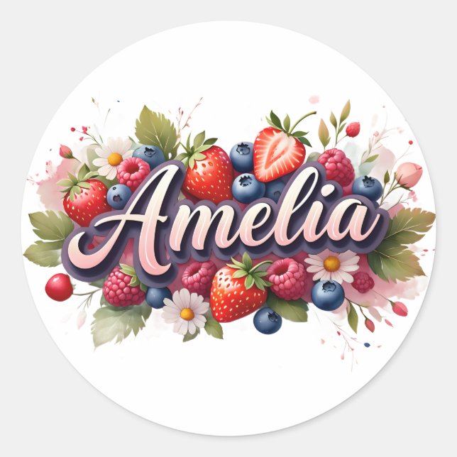 Redonda Pegatina personalizada Amelia Berry Floral Design (Anverso)