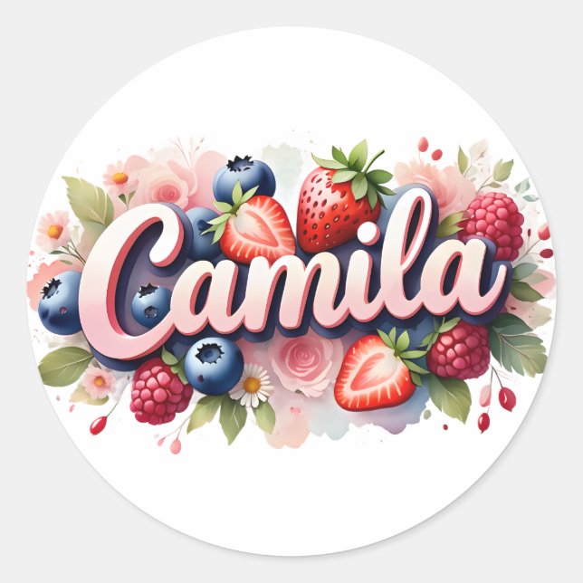 Redonda Pegatina personalizada Camila Berry Floral Design (Anverso)