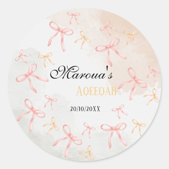Redonda Pegatina personalizada de Aqeeqah con lazo rosa (Anverso)
