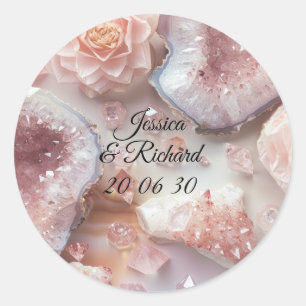 Redonda Pegatina personalizada de boda Romance de cuarzo r