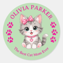 Redonda Pegatina personalizada de Cat Mom con nombre perso