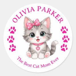 Redonda Pegatina personalizada de Cat Mom con nombre perso