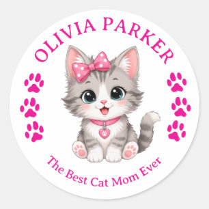 Redonda Pegatina personalizada de Cat Mom con nombre perso