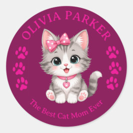 Redonda Pegatina personalizada de Cat Mom con nombre perso