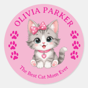 Redonda Pegatina personalizada de Cat Mom con nombre perso