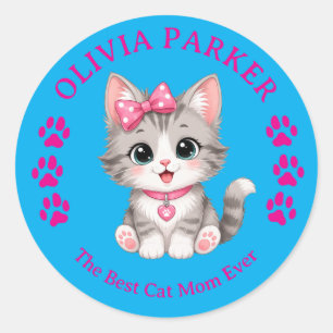 Redonda Pegatina personalizada de Cat Mom con nombre perso