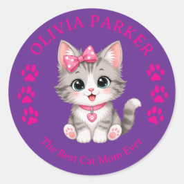 Redonda Pegatina personalizada de Cat Mom con nombre perso