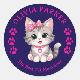 Redonda Pegatina personalizada de Cat Mom con nombre perso
