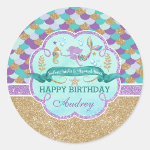 Redonda Pegatina personalizada de cumpleaños feliz a Siren