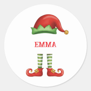 Redonda Pegatina personalizada de duende de Navidad   Rojo