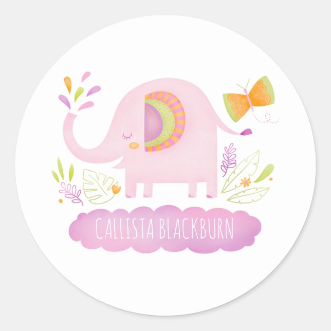 Redonda Pegatina personalizada de elefante rosa lindo (Anverso)