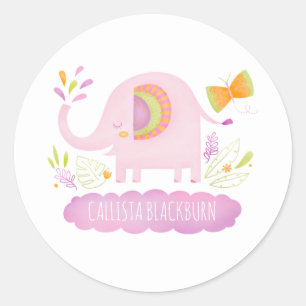 Redonda Pegatina personalizada de elefante rosa lindo