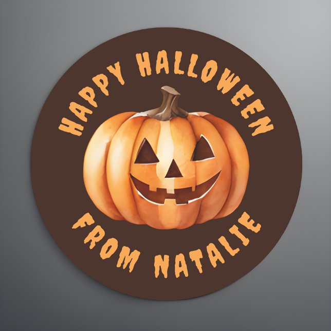 Redonda Pegatina personalizada de feliz Halloween (🎃 Personalized Treats: Smiling Pumpkin Halloween Sticker! 🍬)
