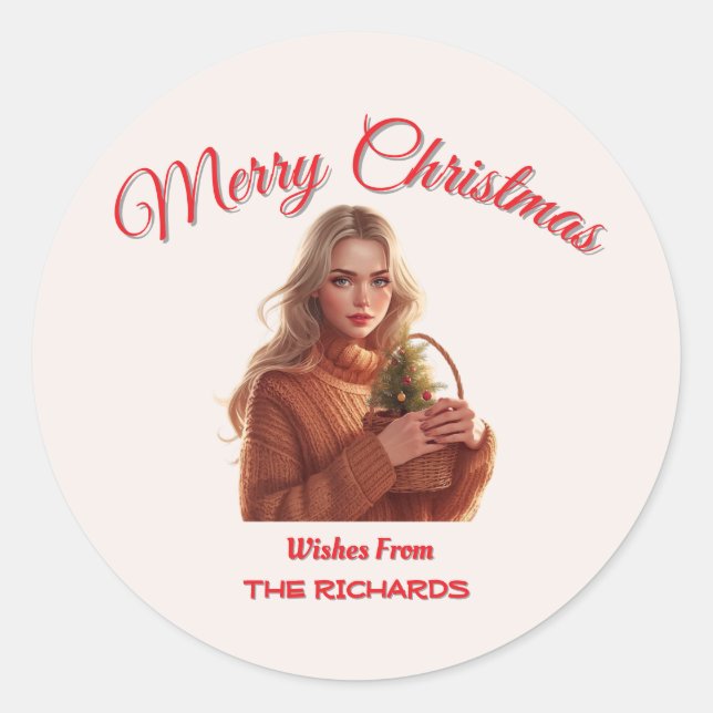 Redonda Pegatina personalizada de Feliz Navidad para niña  (Anverso)
