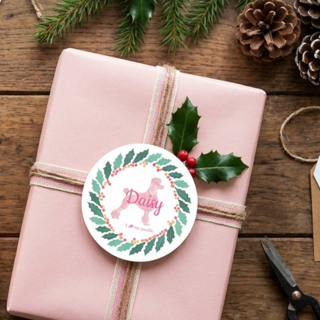 Redonda Pegatina personalizada de Navidad de caniche rosa  (Subido por el creador)