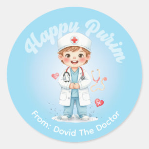 Redonda Pegatina personalizada de Purim – Tema de Doctor