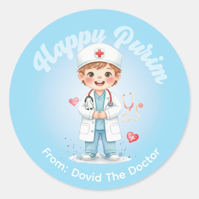 Redonda Pegatina personalizada de Purim – Tema de Doctor (Anverso)