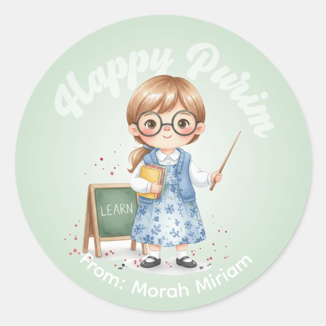Redonda Pegatina personalizada de Purim - Tema de maestro (Anverso)